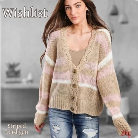 WISHLIST APPAREL Striped Button Front V-Neck Relaxed Sweater Cardigan-M/L NWT - Picture 1 of 5